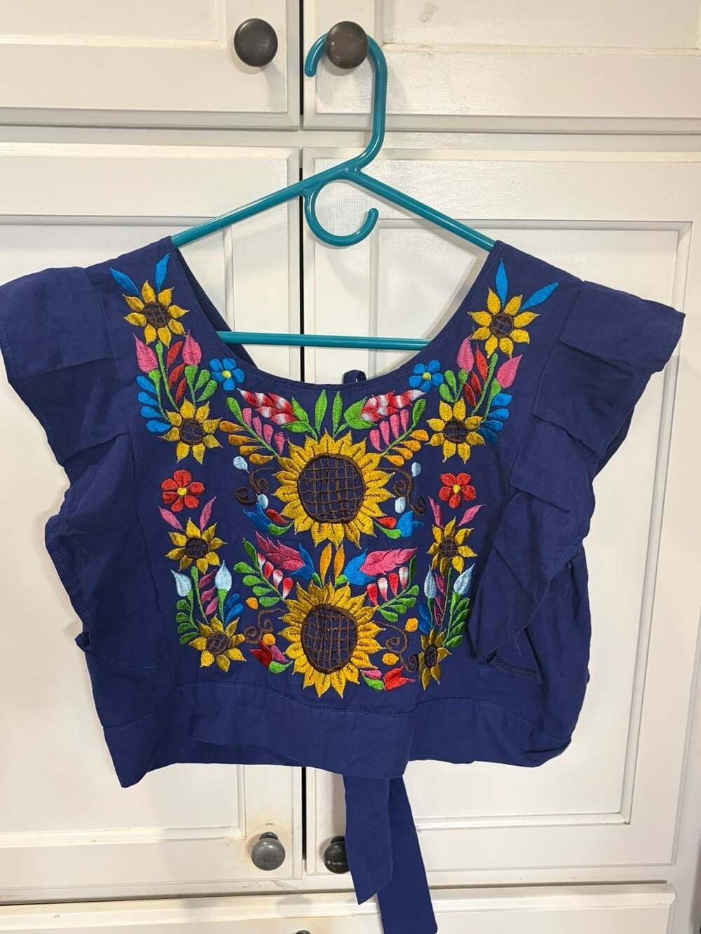 Artesanias Frida  Blue Embroidered Sunflower Crop Top Small Mexican Tie Back